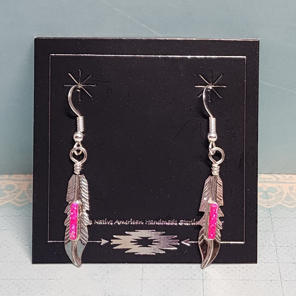 Allen Barney Sterling and Aurora Opal  Feather Earrings